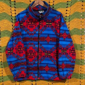 Vintage Lake Matley Aztec Tribal Fleece Zip Jacket Blue Red